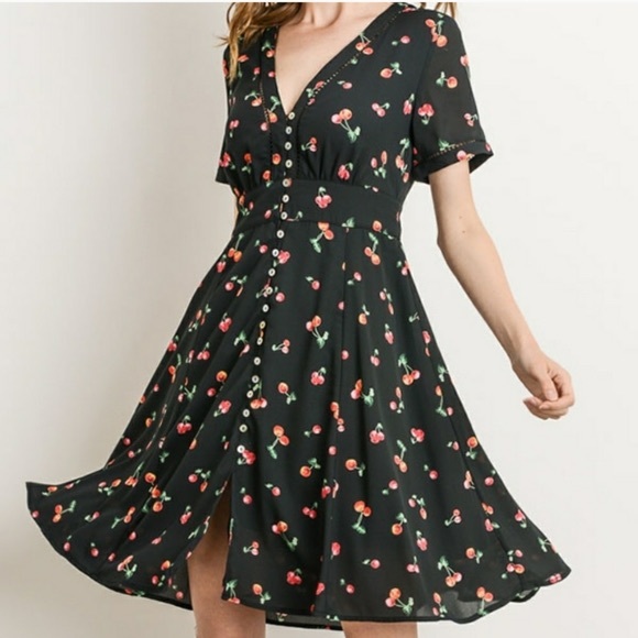Retro Cherry Print Front Button Dress - Picture 9 of 16